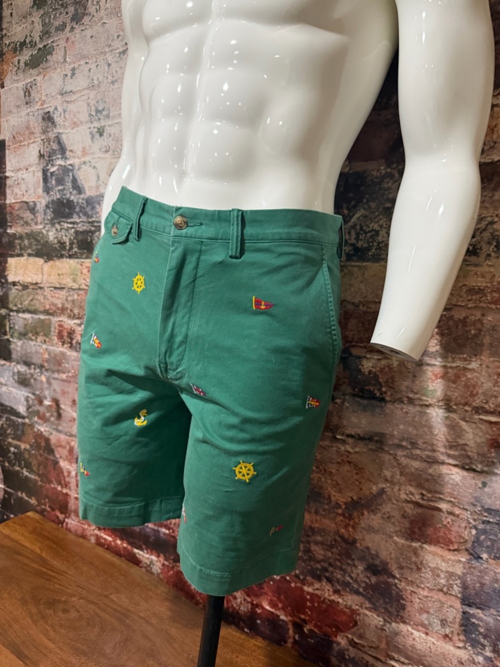 Polo by Ralph Lauren Green Embroidered Nautical Flat-Front Shorts